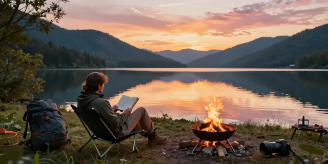 Traveler enjoying a portable bed by the lakeside during sunset.