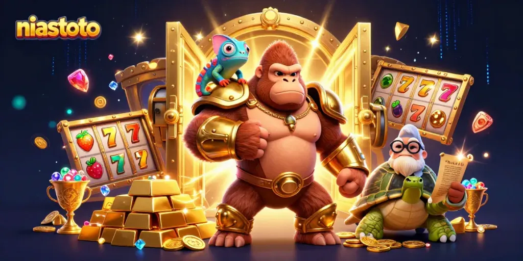 Gorila kuat, chameleon, dan kura-kura berinteraksi di dunia niastoto dengan elemen slot yang berkilau.