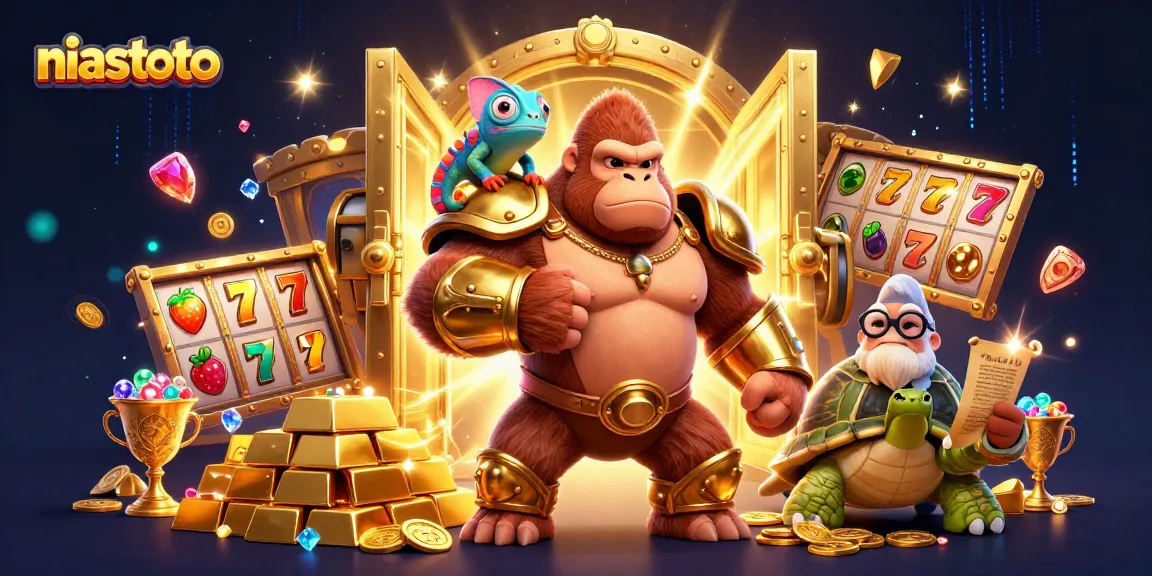 Gorila kuat, chameleon, dan kura-kura berinteraksi di dunia niastoto dengan elemen slot yang berkilau.