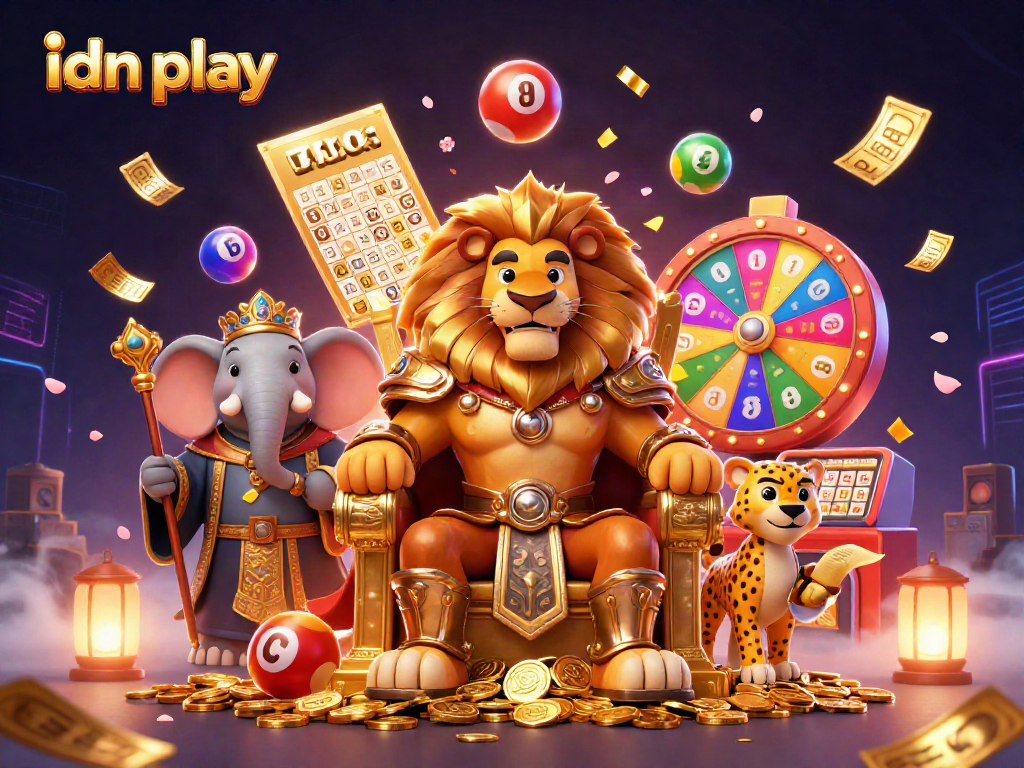 Engage in IDN Play with a vibrant 3D scene featuring a lion king, ceremonial scepter, and bouncing lottery balls.
