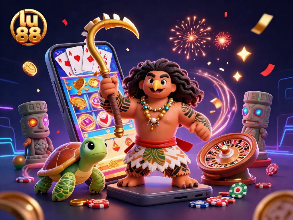 Experience thrilling wins at lu 88 with a vibrant 3D casino illustration showcasing a demigod and underwater treasures.