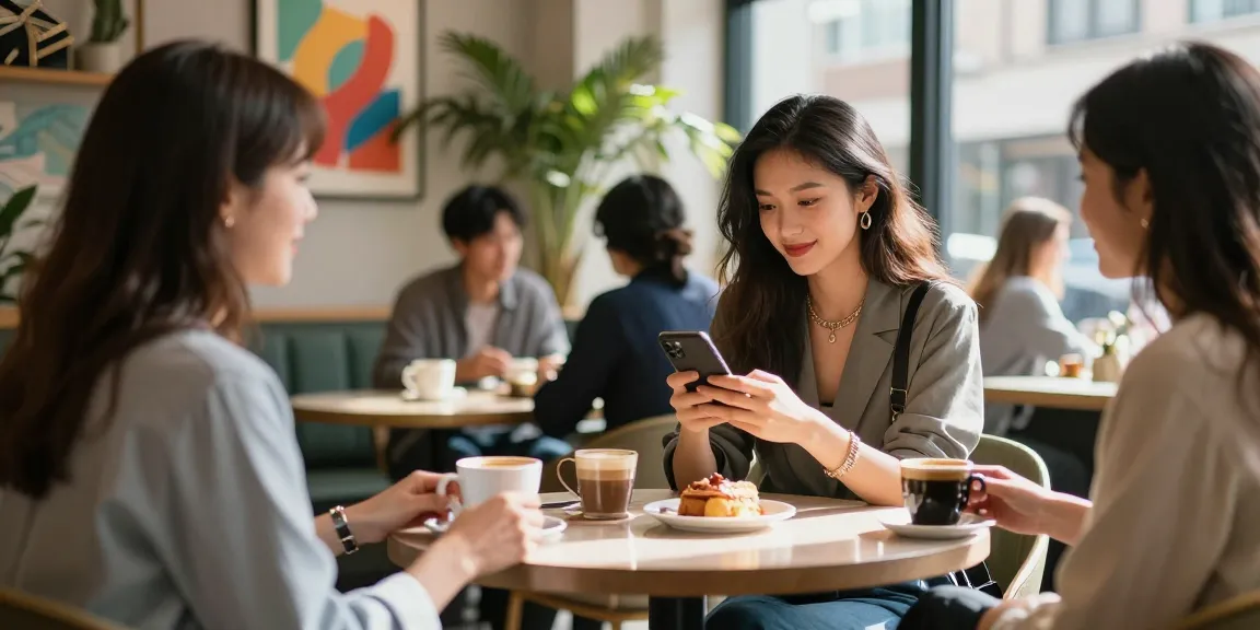 Gái gọi trong quán cà phê, trò chuyện vui vẻ với bạn bè và thưởng thức đồ uống.