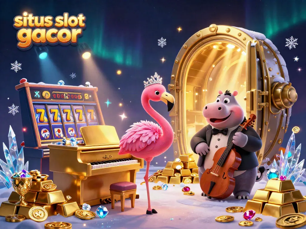 Engage with situs slot gacor in this vibrant 3D illustration showcasing a flamingo singer and hippo bassist in a lively casino scene.