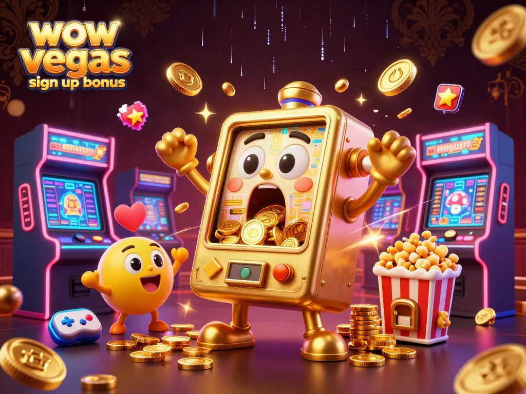 Win big with the WOW Vegas sign up bonus as golden coins rain down from a slot machine.