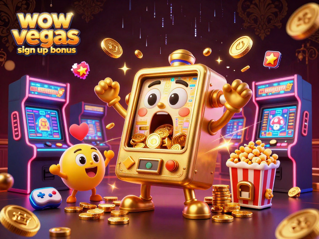 Win big with the WOW Vegas sign up bonus as golden coins rain down from a slot machine.