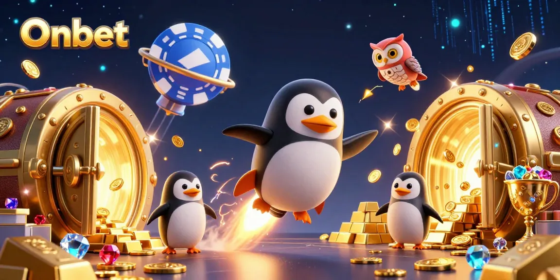 Experience Onbet's exciting gaming world with a golden penguin and casino elements.