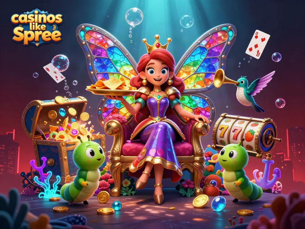 Engage with casinos like spree in a vibrant 3D digital scene full of colorful characters and game elements.