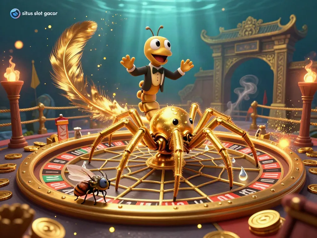 Engage with situs slot gacor at a roulette table, where a golden spider and croupier create a vibrant gaming atmosphere.
