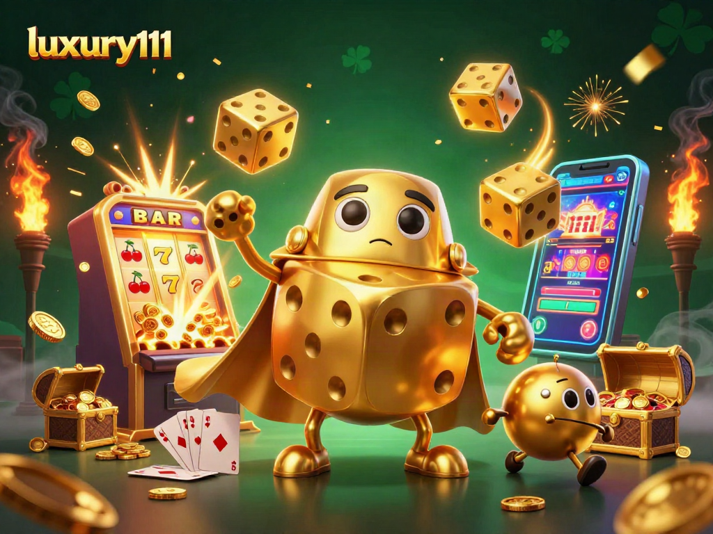 Experience luxury111's thrilling online gaming platform with golden dice and vibrant casino elements.