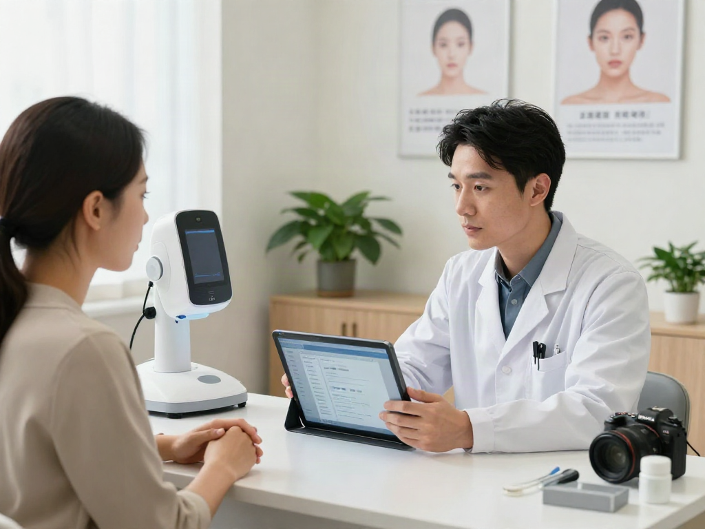 ClinicEvo cheaper than QOVES with a patient receiving personalized facial analysis in a bright clinic room.