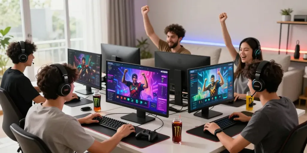 Players enjoying an engaging session on the BOS88 platform with gaming devices and vibrant graphics.