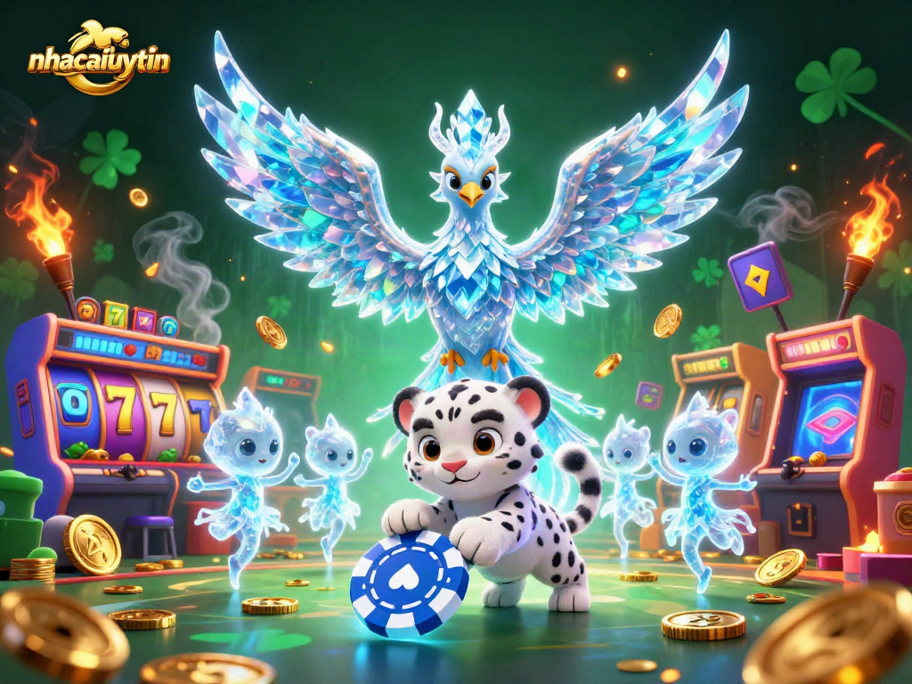 Play thrilling games at nhacaiuytin with an enchanting ice phoenix and vibrant casino elements.
