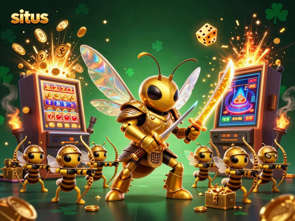 Situs highlights a vibrant online casino scene with a golden hornet samurai, slot machine, and dynamic gameplay.