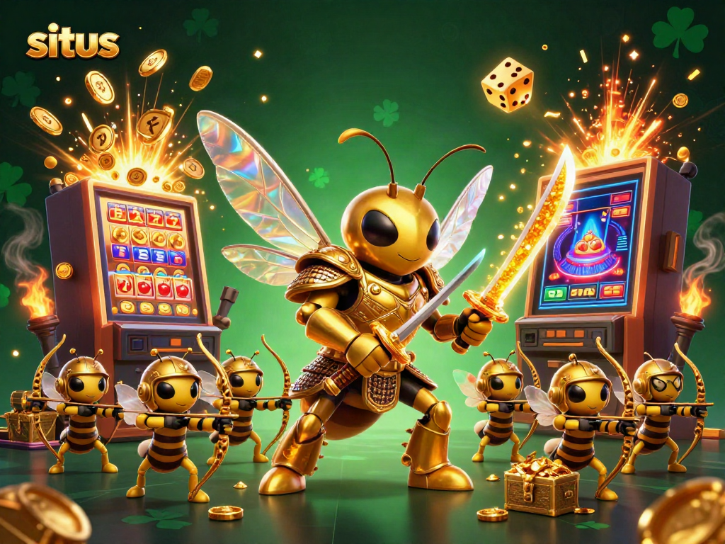 Situs highlights a vibrant online casino scene with a golden hornet samurai, slot machine, and dynamic gameplay.
