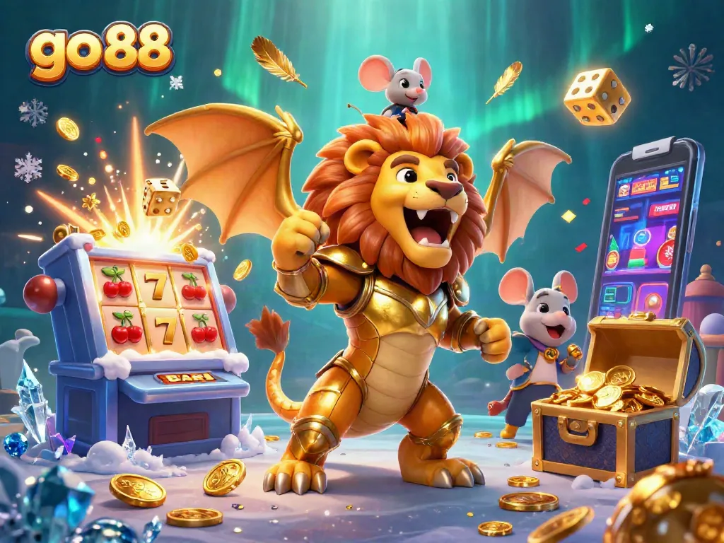 Go 88 trải nghiệm với hình ảnh 3D đầy màu sắc, slot machine và kho báu đang nổ tung.