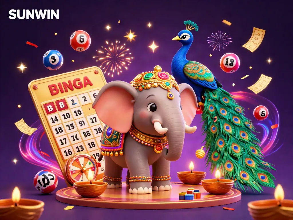 SUNWIN brings excitement to life with a vibrant festival scene featuring an elephant, a peacock, and dynamic lottery elements.