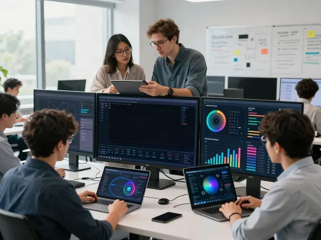 Engineers collaborating on AI projects in a vibrant workspace, exploring the AI Token Economy.