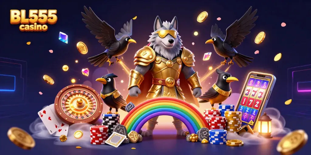 Win big at BL555 casino with Odin and ravens in 3D digital casino scene highlighting gaming excitement.