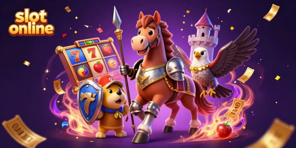 Spin the reels in an engaging scene featuring slot online elements with a knight, puppy, and falcon.