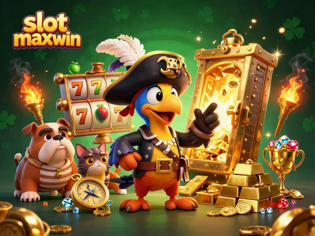 Experience slot maxwin excitement with a lively pirate-themed illustration featuring iconic slot elements.
