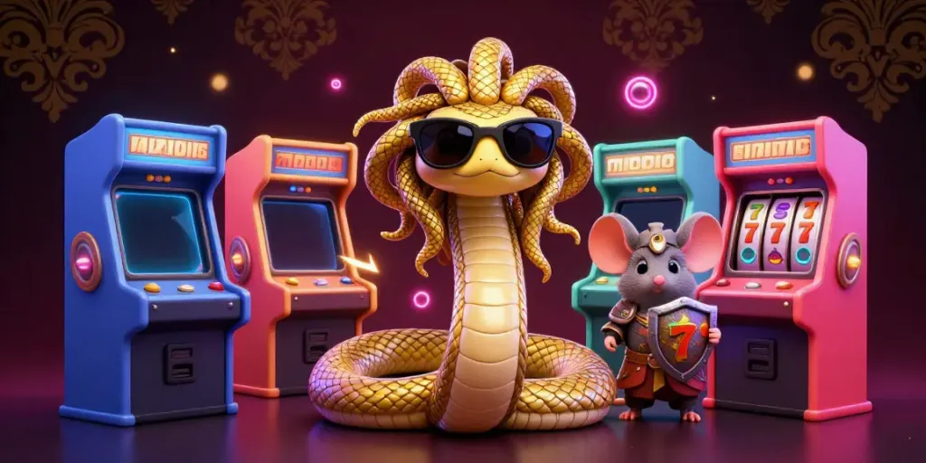 Engaging scene showcasing PG Slot action with Medusa and a warrior mouse amidst vibrant gaming elements.