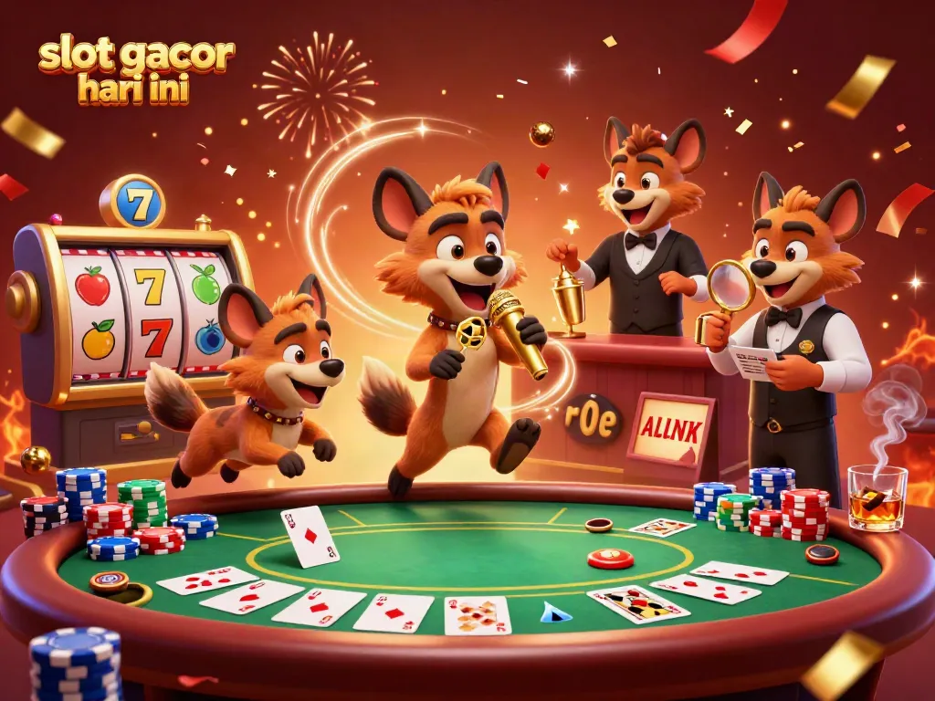 Engage with slot gacor hari ini at a lively casino featuring comedic hyenas and vibrant game elements.