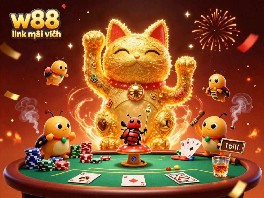 Experience the excitement of W88 link mới nhất featuring a 3D lucky cat and vibrant casino elements.