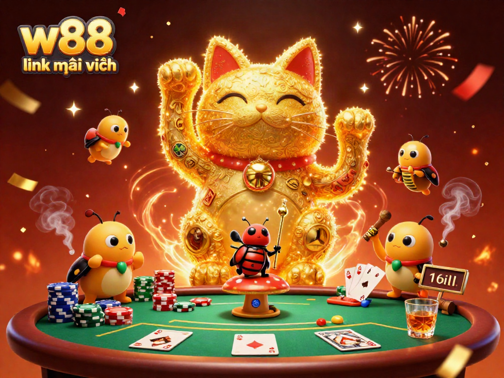 Experience the excitement of W88 link mới nhất featuring a 3D lucky cat and vibrant casino elements.