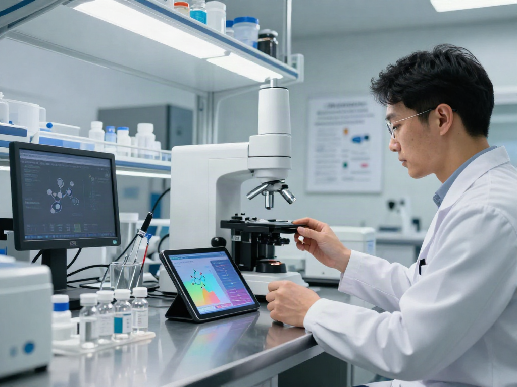 Researcher analyzing MOTS-C peptide costs in a modern lab environment.