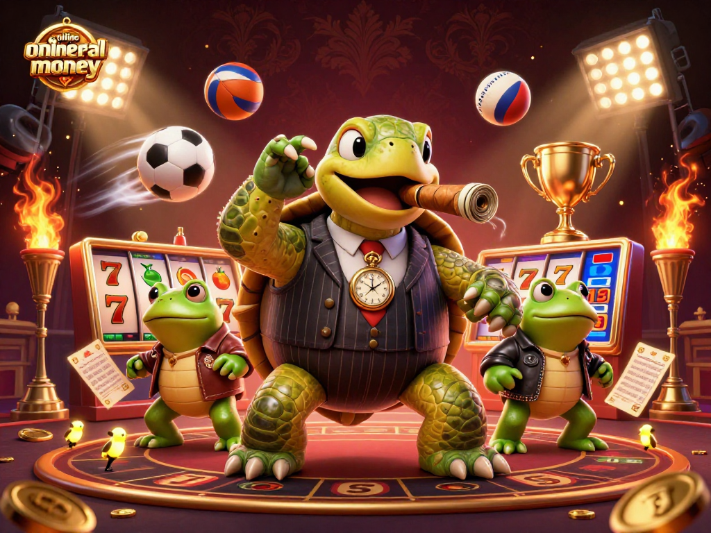 Engage with online slots real money featuring a mobster turtle and vibrant gaming elements.