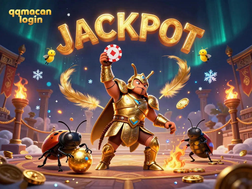 Engage in QQMacan login with this vibrant 3D illustration showcasing a victorious beetle amidst casino elements.