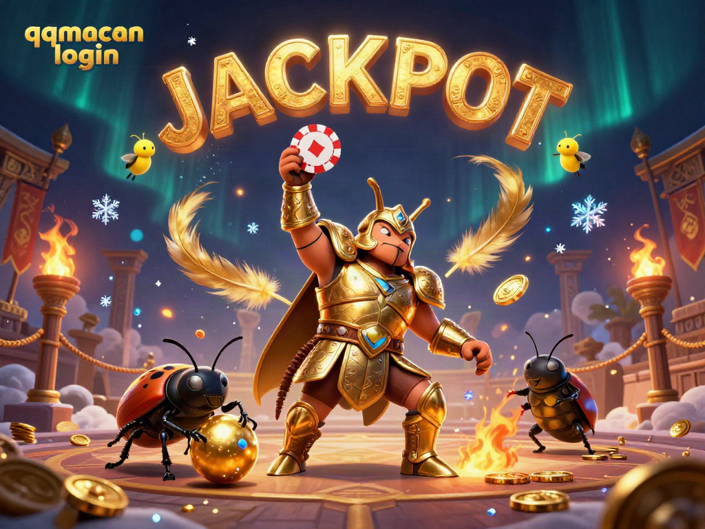 Engage in QQMacan login with this vibrant 3D illustration showcasing a victorious beetle amidst casino elements.