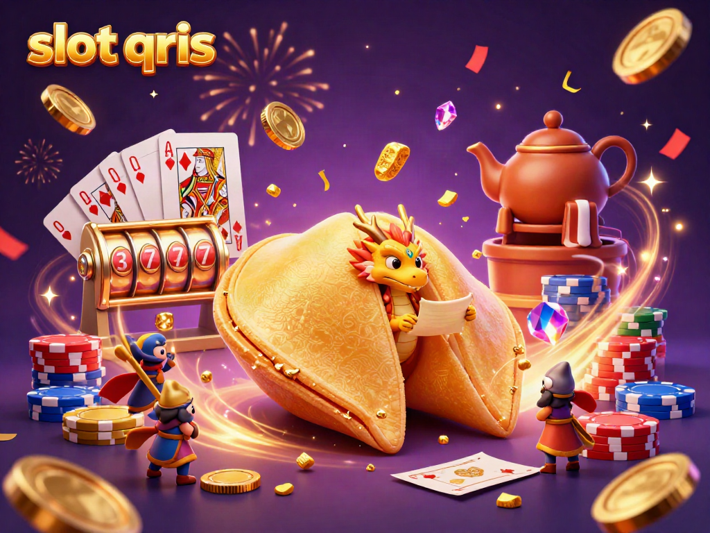 Experience the thrill of slot qris with a dynamic casino scene featuring golden fortune cookie characters and festive elements.