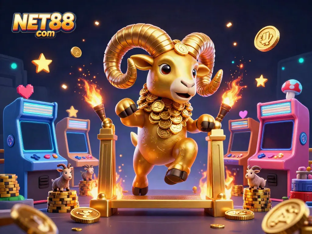 Join the excitement at NET88 com with this vibrant illustration of a golden ram charging through a casino gate.