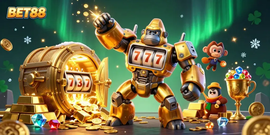 Khám phá thế giới BET88 với gorilla vàng lấp lánh, kho báu lớn và các biểu tượng trò chơi hấp dẫn.