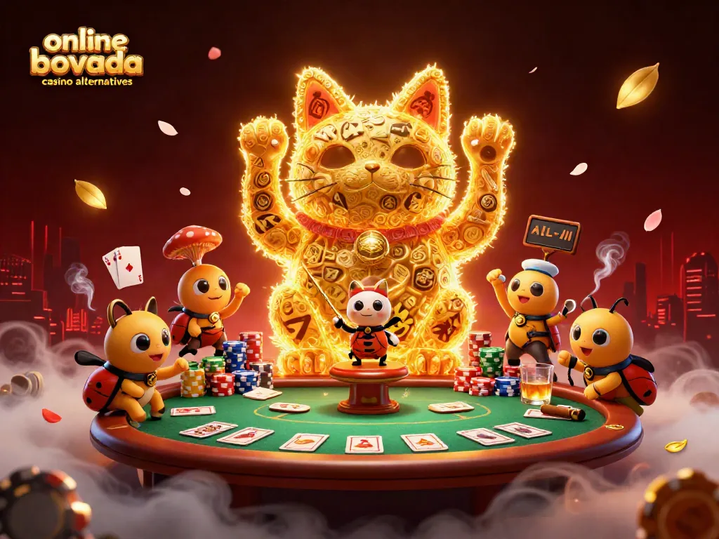 Engage with online bovada casino alternatives featuring a dynamic lucky cat and vibrant casino elements.