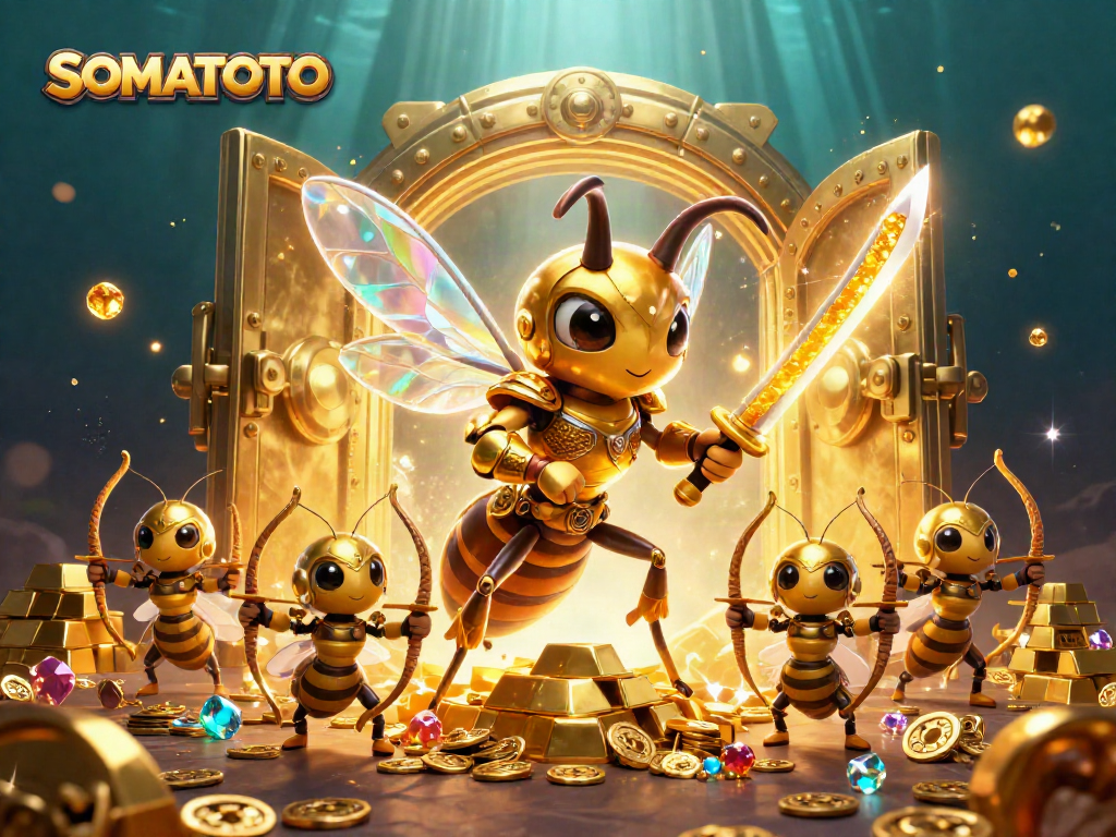 SOMATOTO showcases a dynamic casino scene with a golden hornet in samurai armor amidst sparkling treasure elements.
