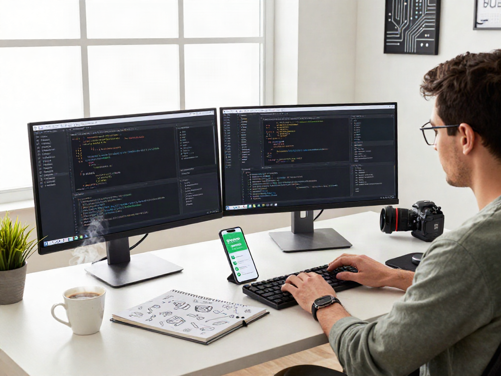 Developer coding gbwhatsapp interface on multiple monitors in a vibrant workspace, reflecting innovation.