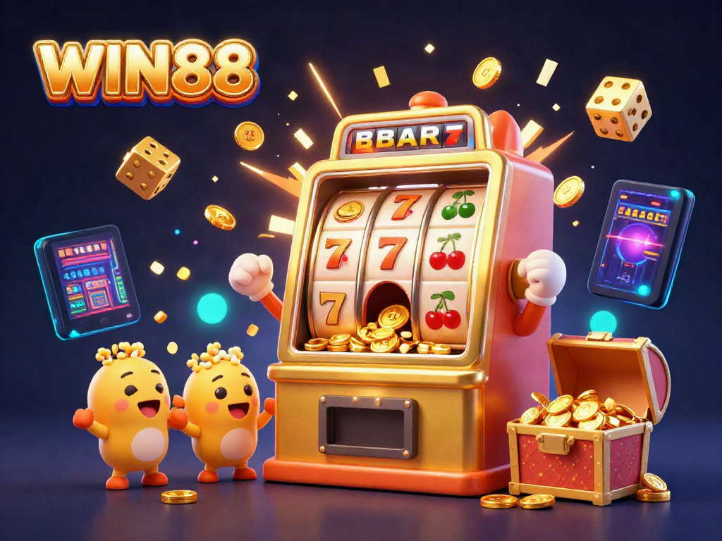 Experience the excitement of WIN88 with a dynamic scene featuring a joyful golden slot machine celebrating a jackpot.