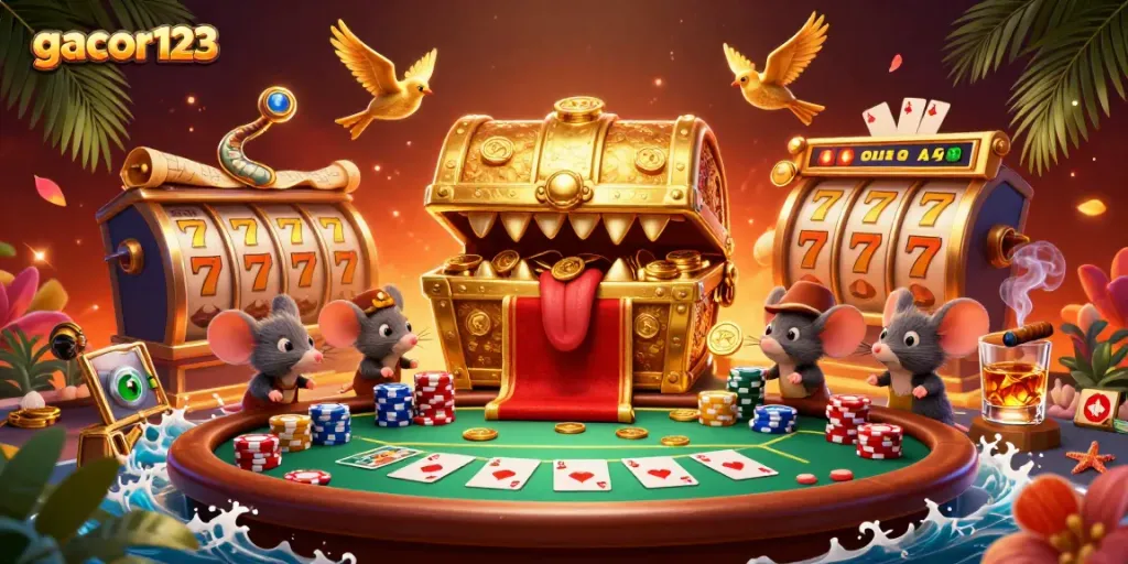 Experience the excitement of gacor123 with animated slot reels and vibrant casino elements.