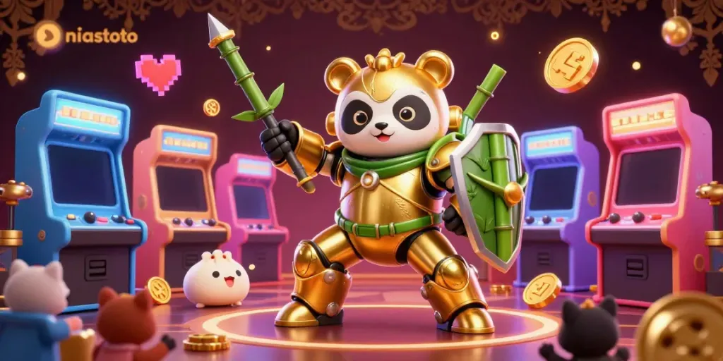 Engage with the niastoto gaming phenomenon featuring a golden panda in a mech robot amidst vibrant arcade elements.