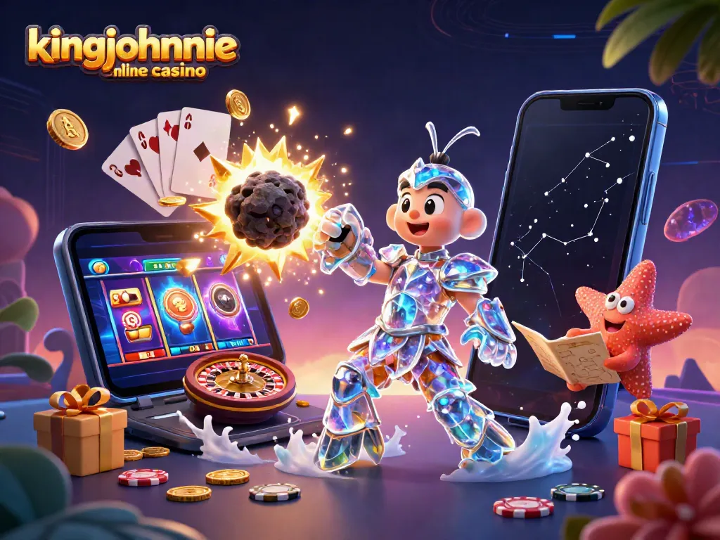 Engage with kingjohnnie online casino through an explosive scene featuring a galactic samurai and treasure.