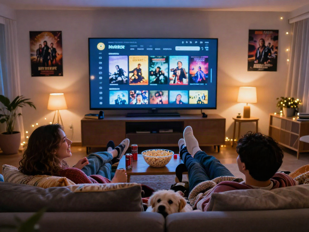 Young couple enjoying movie night using the Moviebox app on a large screen in their cozy living room.