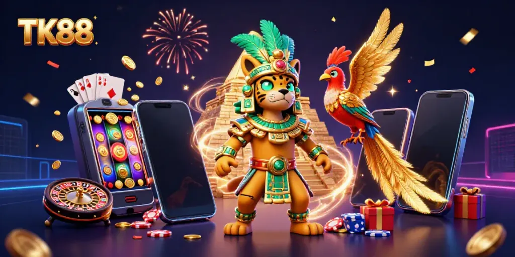 Experience thrilling action with TK88's vibrant casino scene featuring a Mayan jaguar priest and game elements.