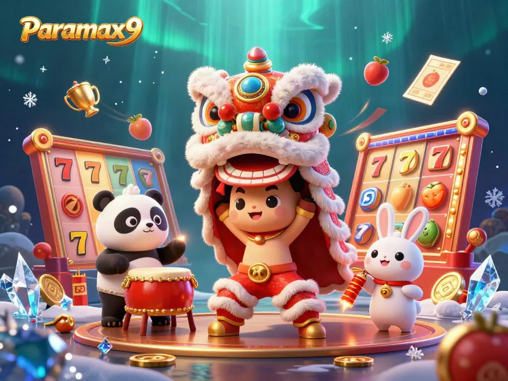 Join the Paramax9 excitement with a lively lion dance and vibrant slots in a festive 3D scene.