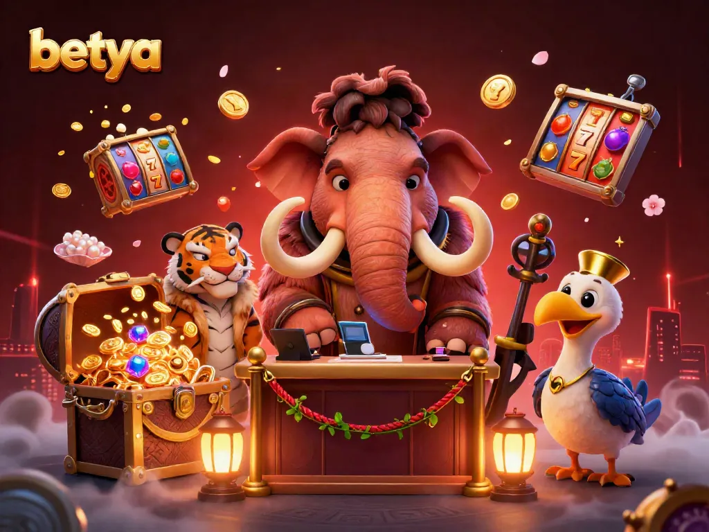 Experience the vibrant world of betya with a dazzling casino scene featuring animated characters and game elements.
