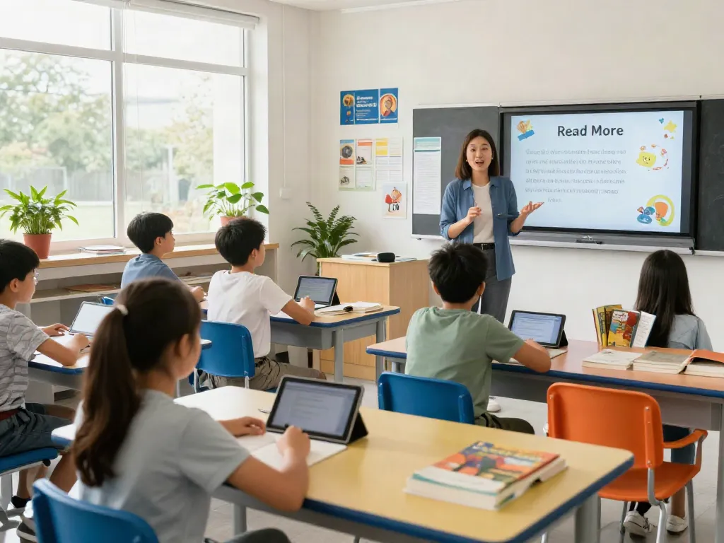 Students participating in a lively classroom discussion while encouraged to read more books.