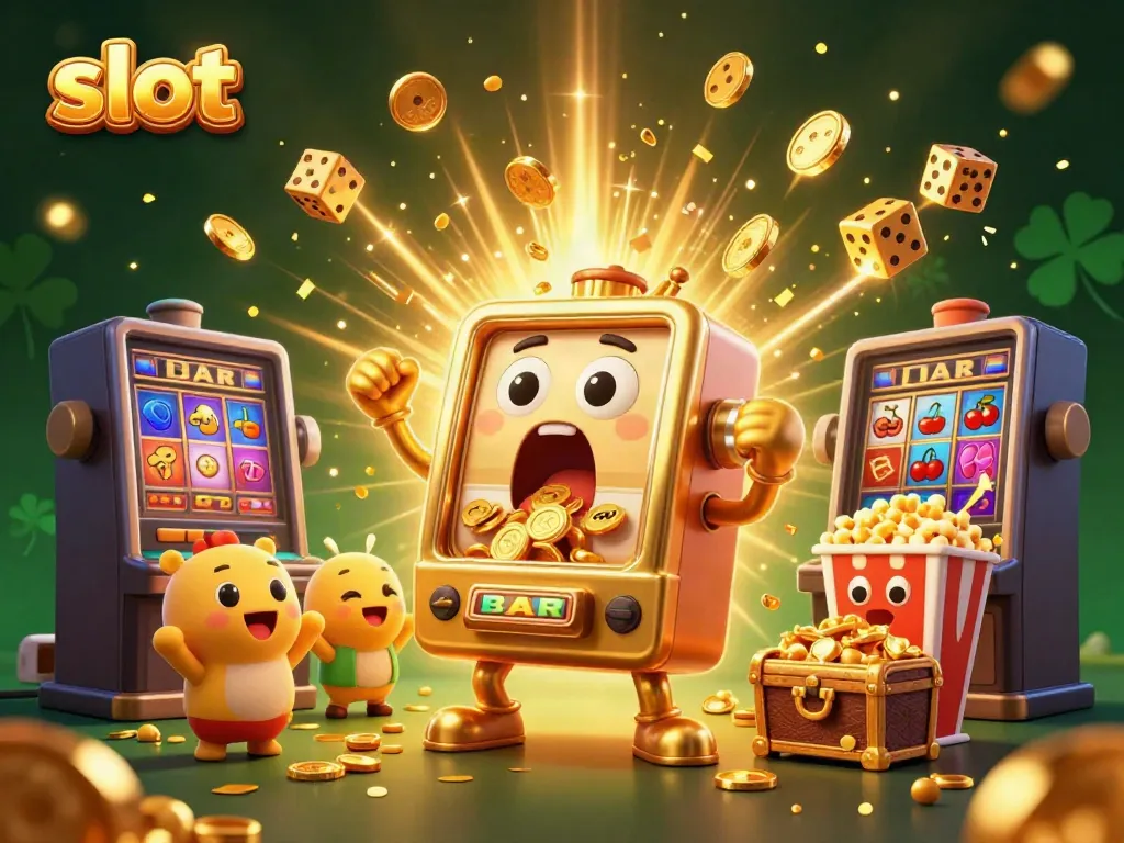 Experience winning thrills with an exciting slot machine jackpot scene bursting with coins.