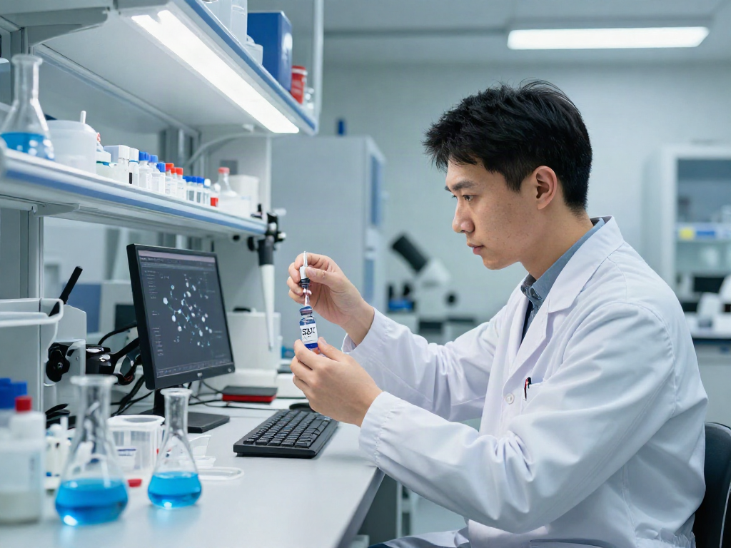 Scientist examining SS-31 peptide vials in a modern lab setting.