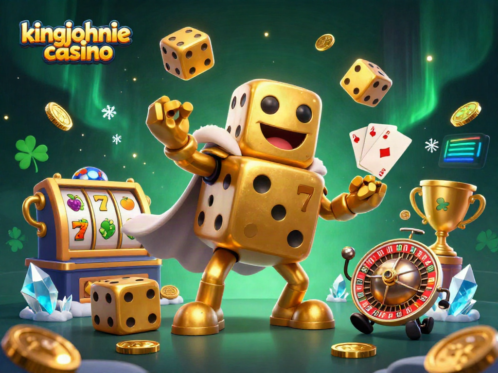 Play at kingjohnnie casino with a vibrant scene of a golden dice golem and dynamic game elements.